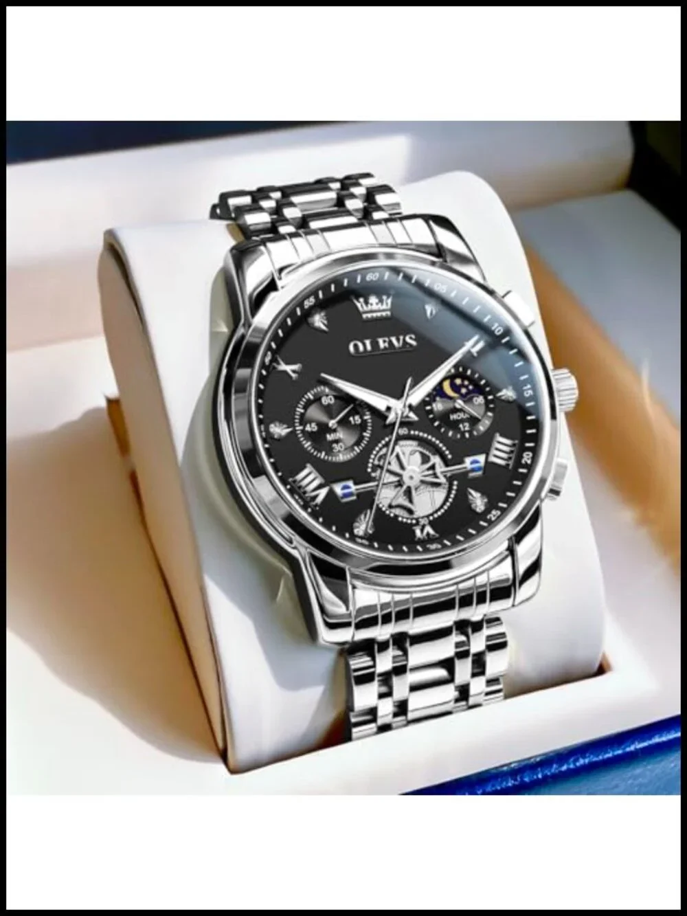 Mens Stainless Steel Chronograph Watch Diamond Roman Numeral Quartz Dress